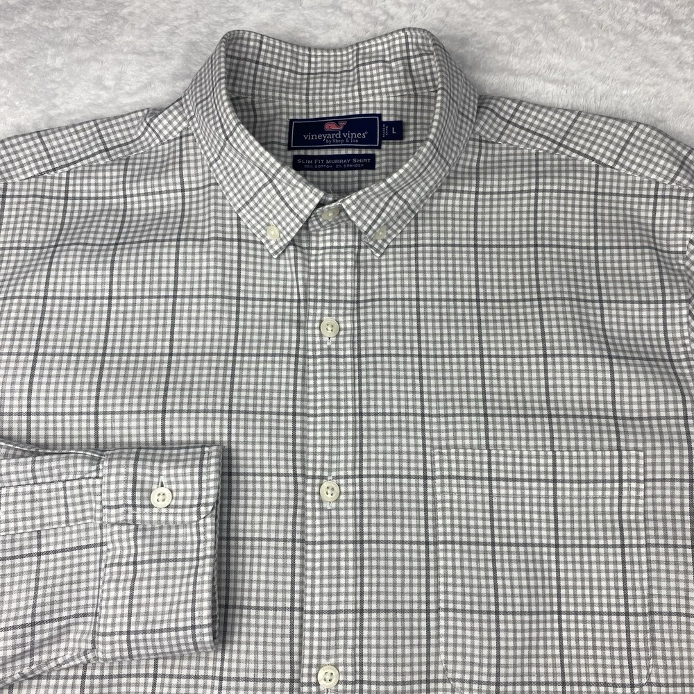 Vineyard Vines Slim Fit Murray Shirt Mens Large Gray Checks Stretch Long Sleeves